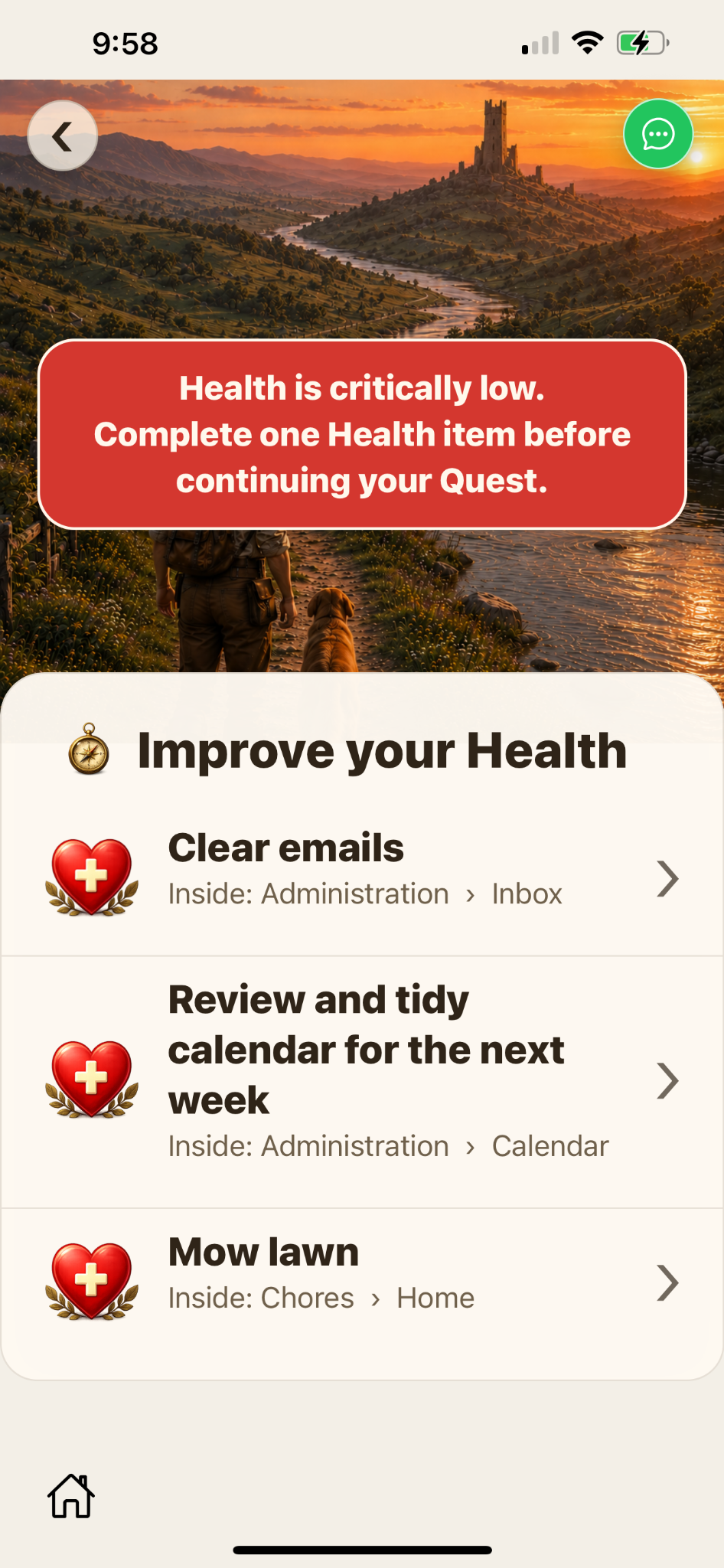 realXP Health screen showing practical Health actions