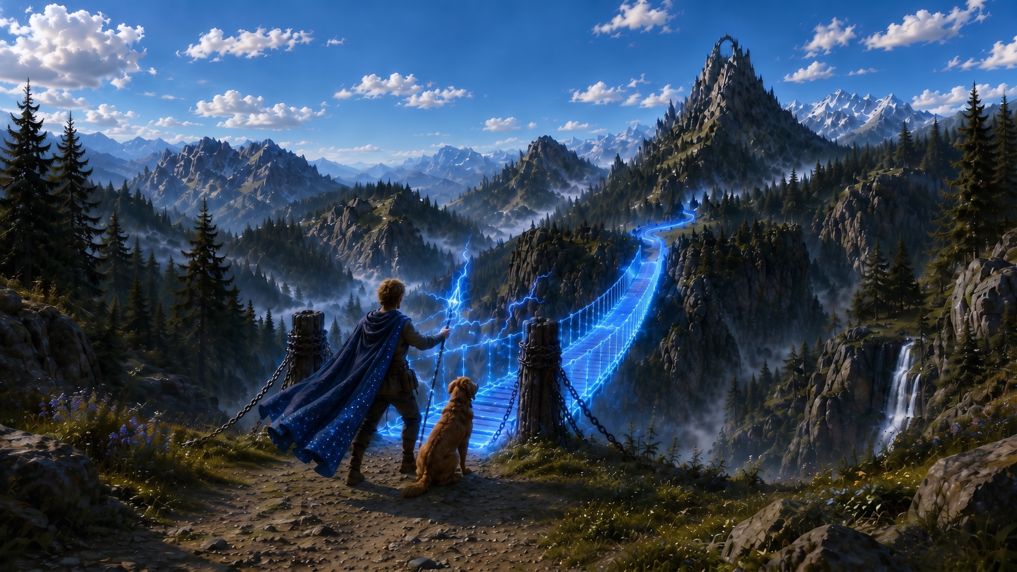 The realXP hero and companion facing a magical bridge through a mountain landscape